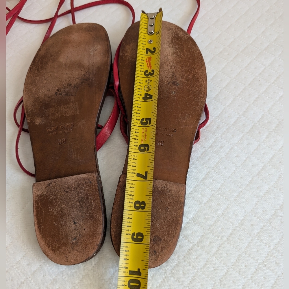 Spaziomoda Red Leather Lace-Up Strappy Gladiator Sandal, diamond studs, size 7.5 - Picture 13 of 15